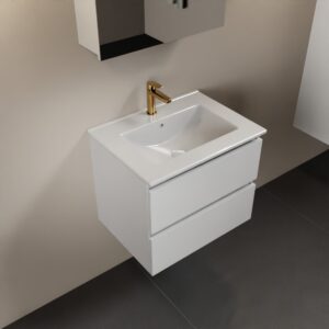 MONDIAZ AIVY 60cm badmeubel Talc, wastafel glanzend wit keramiek midden 1 kraangat met spiegelkast