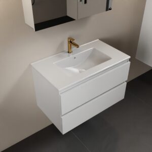 MONDIAZ AIVY 80cm badmeubel Talc, wastafel glanzend wit keramiek midden 1 kraangat met spiegelkast