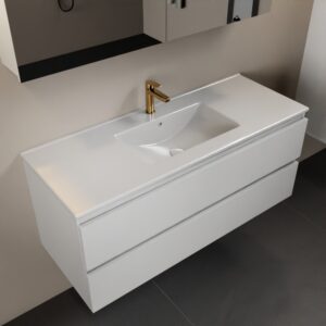 MONDIAZ AIVY 120cm badmeubel Talc, wastafel glanzend wit keramiek midden 1 kraangat met spiegelkast