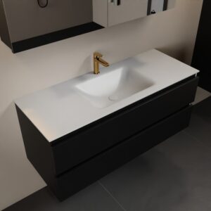 MONDIAZ AIVY 120cm badmeubel Urban, wastafel Talc solid surface midden 1 kraangat met spiegelkast