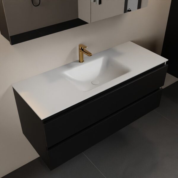 MONDIAZ AIVY 120cm badmeubel Urban, wastafel Talc solid surface midden 1 kraangat met spiegelkast
