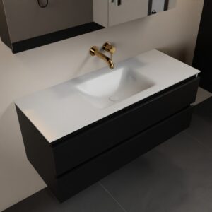 MONDIAZ AIVY 120cm badmeubel Urban, wastafel Talc solid surface midden zonder kraangat met spiegelkast