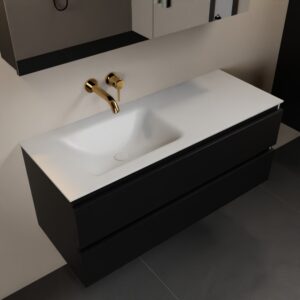 MONDIAZ AIVY 120cm badmeubel Urban, wastafel Talc solid surface links zonder kraangat met spiegelkast