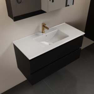 MONDIAZ AIVY 100cm badmeubel Urban, wastafel glanzend wit keramiek midden 1 kraangat met spiegelkast