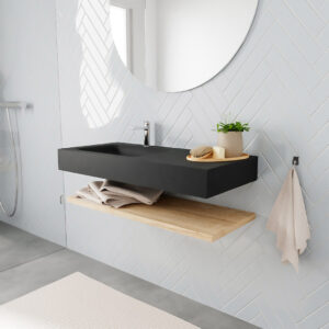 MONDIAZ ALAN badmeubel 100 planchet washed oak vrijhangend wastafel links 1 kraangat zwart