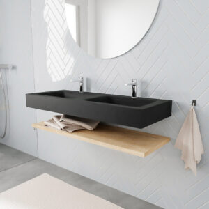 MONDIAZ ALAN badmeubel 120 planchet washed oak vrijhangend wastafel dubbel 2 kraangaten zwart