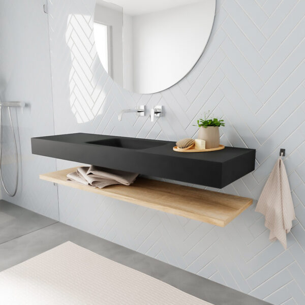 MONDIAZ ALAN badmeubel 150 planchet washed oak vrijhangend wastafel midden zonder kraangat zwart