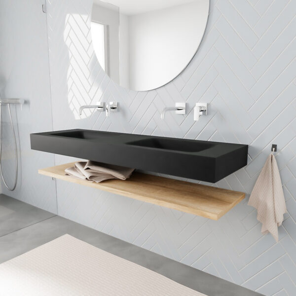MONDIAZ ALAN badmeubel 150 planchet washed oak vrijhangend wastafel dubbel zonder kraangat zwart