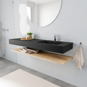 MONDIAZ ALAN badmeubel 150 planchet washed oak vrijhangend wastafel rechts 1 kraangat zwart