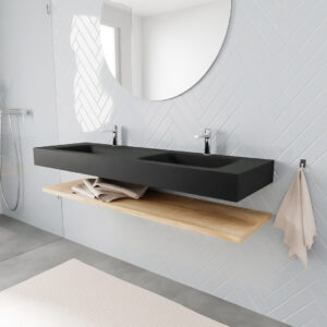 MONDIAZ ALAN badmeubel 150 planchet washed oak vrijhangend wastafel dubbel 2 kraangaten zwart