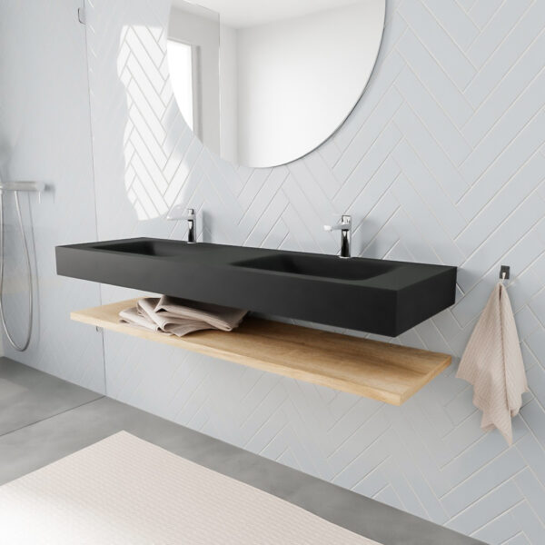MONDIAZ ALAN badmeubel 150 planchet washed oak vrijhangend wastafel dubbel 2 kraangaten zwart