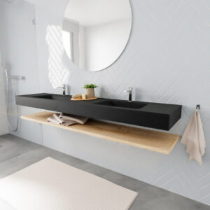 MONDIAZ ALAN badmeubel 200 planchet washed oak vrijhangend wastafel dubbel 2 kraangaten zwart