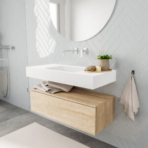 MONDIAZ ALAN badmeubel 100 washed oak 1 lade vrijhangend wastafel midden zonder kraangat wit