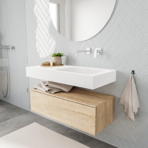 MONDIAZ ALAN badmeubel 100 washed oak 1 lade vrijhangend wastafel rechts zonder kraangat wit