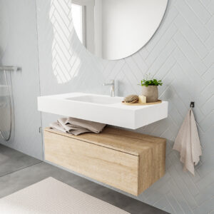 MONDIAZ ALAN badmeubel 100 washed oak 1 lade vrijhangend wastafel midden 1 kraangat wit