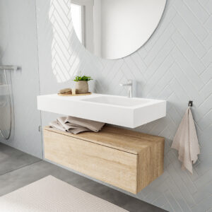 MONDIAZ ALAN badmeubel 100 washed oak 1 lade vrijhangend wastafel rechts 1 kraangat wit