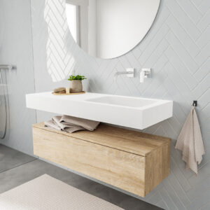 MONDIAZ ALAN badmeubel 120 washed oak 1 lade vrijhangend wastafel rechts zonder kraangat wit