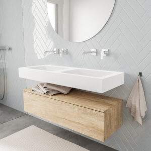 MONDIAZ ALAN badmeubel 120 washed oak 1 lade vrijhangend wastafel dubbel zonder kraangat wit