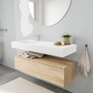 MONDIAZ ALAN badmeubel 120 washed oak 1 lade vrijhangend wastafel links 1 kraangat wit