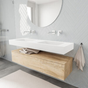 MONDIAZ ALAN badmeubel 150 washed oak 1 lade vrijhangend wastafel dubbel zonder kraangat wit