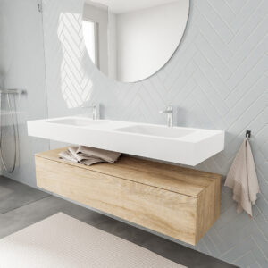 MONDIAZ ALAN badmeubel 150 washed oak 1 lade vrijhangend wastafel dubbel 2 kraangaten wit