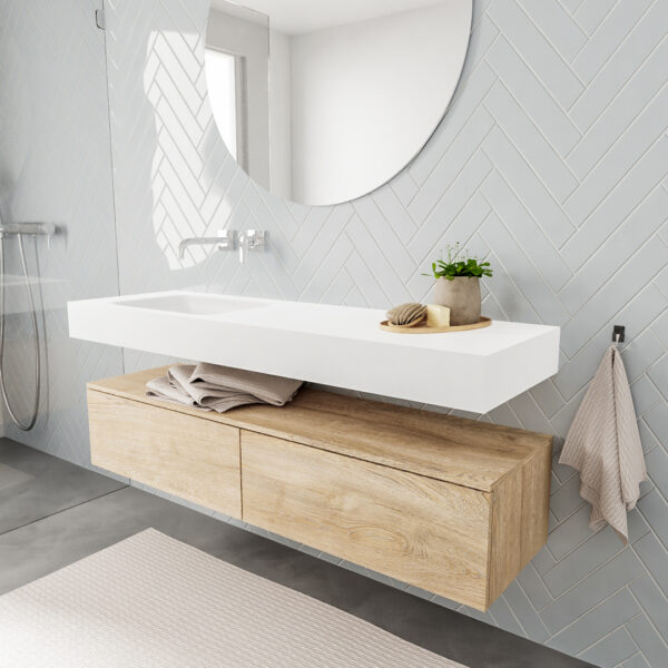 MONDIAZ ALAN badmeubel 150 washed oak 2 lades vrijhangend wastafel links zonder kraangat wit