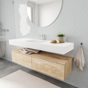 MONDIAZ ALAN badmeubel 150 washed oak 2 lades vrijhangend wastafel midden 1 kraangat wit