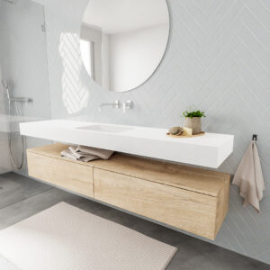 MONDIAZ ALAN badmeubel 200 washed oak 2 lades vrijhangend wastafel midden zonder kraangat wit