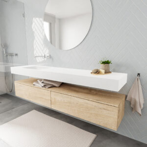 MONDIAZ ALAN badmeubel 200 washed oak 2 lades vrijhangend wastafel links zonder kraangat wit
