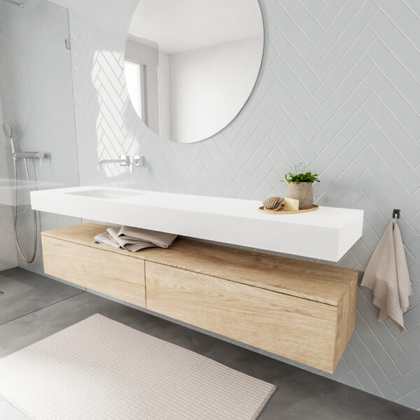 MONDIAZ ALAN badmeubel 200 washed oak 2 lades vrijhangend wastafel links zonder kraangat wit