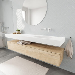 MONDIAZ ALAN badmeubel 200 washed oak 2 lades vrijhangend wastafel rechts zonder kraangat wit