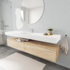 MONDIAZ ALAN badmeubel 200 washed oak 2 lades vrijhangend wastafel midden 1 kraangat wit