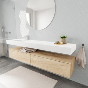 MONDIAZ ALAN badmeubel 200 washed oak 2 lades vrijhangend wastafel links 1 kraangat wit
