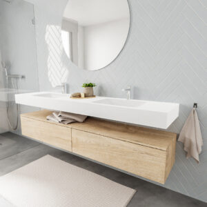 MONDIAZ ALAN badmeubel 200 washed oak 2 lades vrijhangend wastafel dubbel 2 kraangaten wit