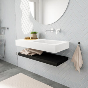 MONDIAZ ALAN badmeubel 100 solid surface planchet urban vrijhangend wastafel rechts zonder kraangat wit