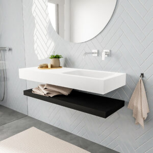 MONDIAZ ALAN badmeubel 120 solid surface planchet urban vrijhangend wastafel rechts zonder kraangat wit