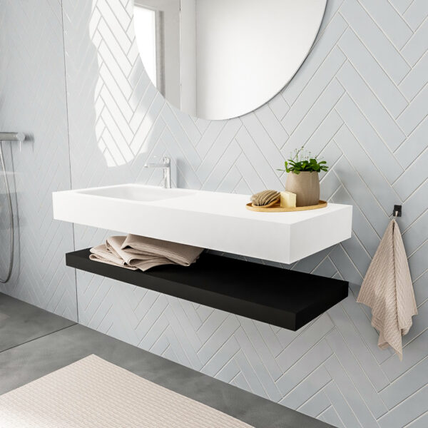 MONDIAZ ALAN badmeubel 120 solid surface planchet urban vrijhangend wastafel links 1 kraangat wit