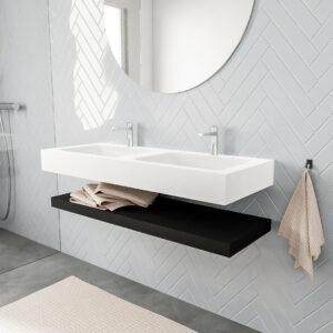 MONDIAZ ALAN badmeubel 120 solid surface planchet urban vrijhangend wastafel dubbel 2 kraangaten wit