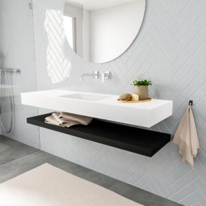 MONDIAZ ALAN badmeubel 150 solid surface planchet urban vrijhangend wastafel midden zonder kraangat wit
