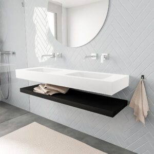 MONDIAZ ALAN badmeubel 150 solid surface planchet urban vrijhangend wastafel dubbel zonder kraangat wit