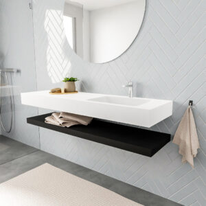 MONDIAZ ALAN badmeubel 150 solid surface planchet urban vrijhangend wastafel rechts 1 kraangat wit