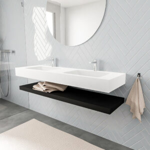 MONDIAZ ALAN badmeubel 150 solid surface planchet urban vrijhangend wastafel dubbel 2 kraangaten wit