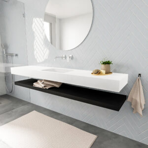 MONDIAZ ALAN badmeubel 200 solid surface planchet urban vrijhangend wastafel midden zonder kraangat wit