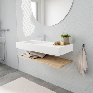 MONDIAZ ALAN badmeubel 100 planchet washed oak vrijhangend wastafel links 1 kraangat wit