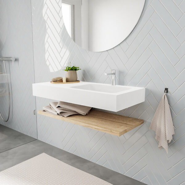 MONDIAZ ALAN badmeubel 100 planchet washed oak vrijhangend wastafel rechts 1 kraangat wit