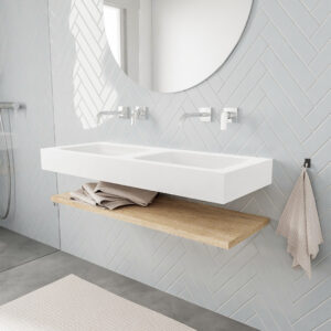 MONDIAZ ALAN badmeubel 120 planchet washed oak vrijhangend wastafel dubbel zonder kraangat wit