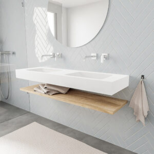 MONDIAZ ALAN badmeubel 150 planchet washed oak vrijhangend wastafel dubbel zonder kraangat wit