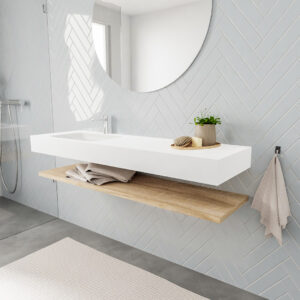 MONDIAZ ALAN badmeubel 150 planchet washed oak vrijhangend wastafel links 1 kraangat wit