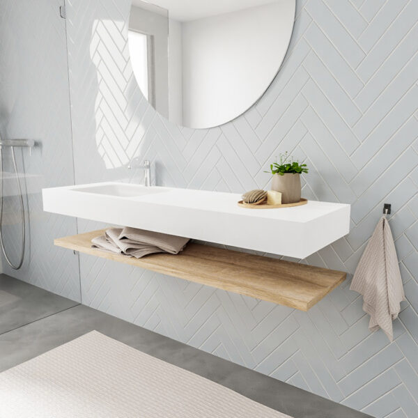 MONDIAZ ALAN badmeubel 150 planchet washed oak vrijhangend wastafel links 1 kraangat wit
