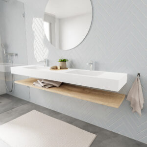 MONDIAZ ALAN badmeubel 200 planchet washed oak vrijhangend wastafel dubbel 2 kraangaten wit